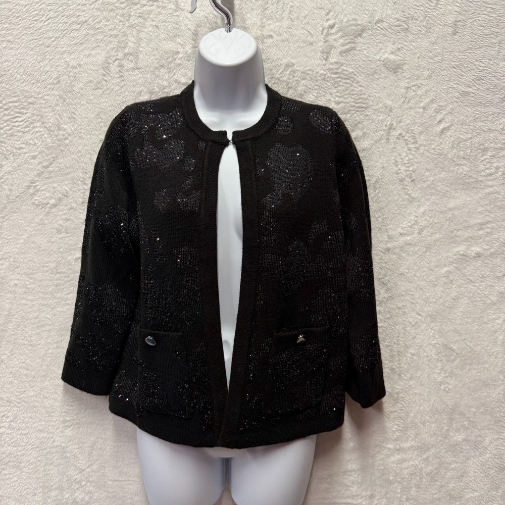 Anne Klein Sequin Cardigan Sweater Womens Petite Small Black Silver Open-Front
